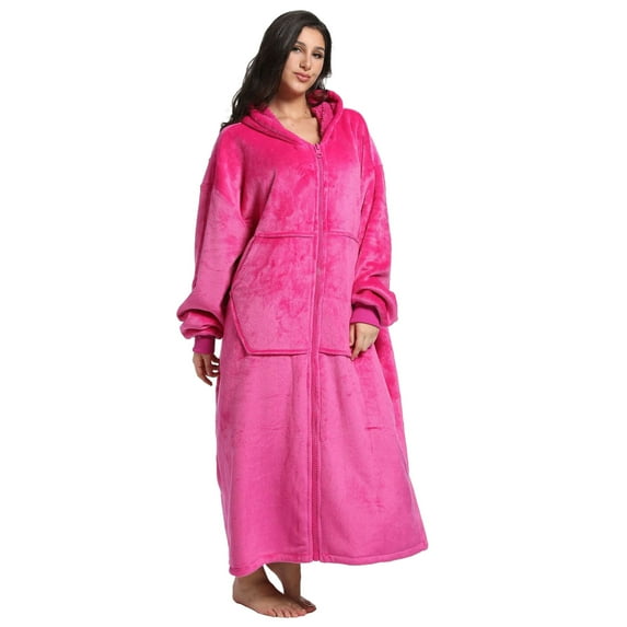 REDESS Women and Men Plus Wearable Blanket Hoodie Sweatshirt With Zipper-Rose Red
