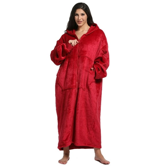 REDESS Women and Men Plus Wearable Blanket Hoodie Sweatshirt With Zipper-Wine Red