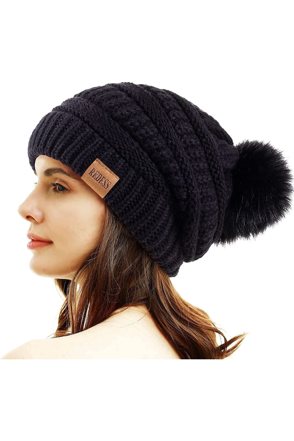 Women's Acrylic Winter Pom Pom Beanie Hat, Black, One Size