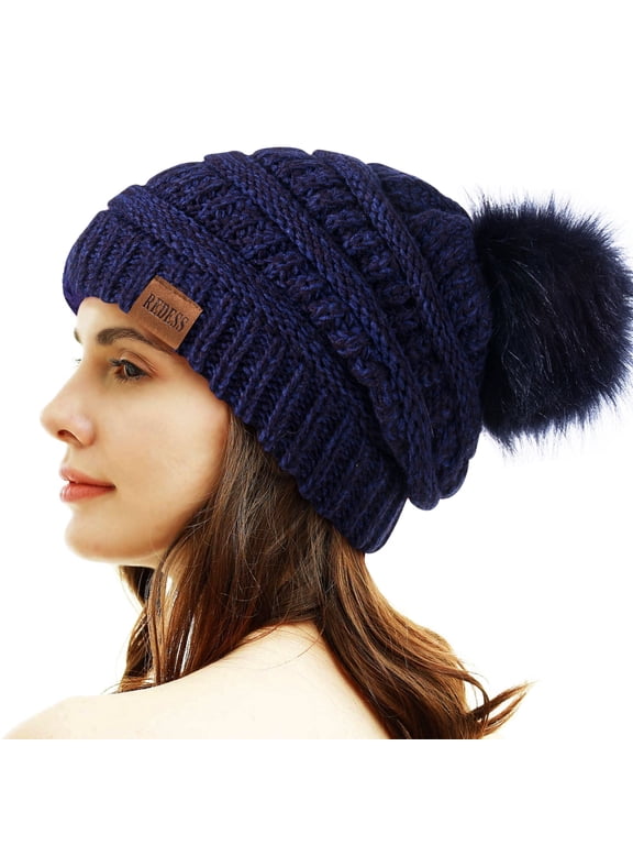 Women's Acrylic Winter Pom Pom Beanie Hat, Blue, One Size