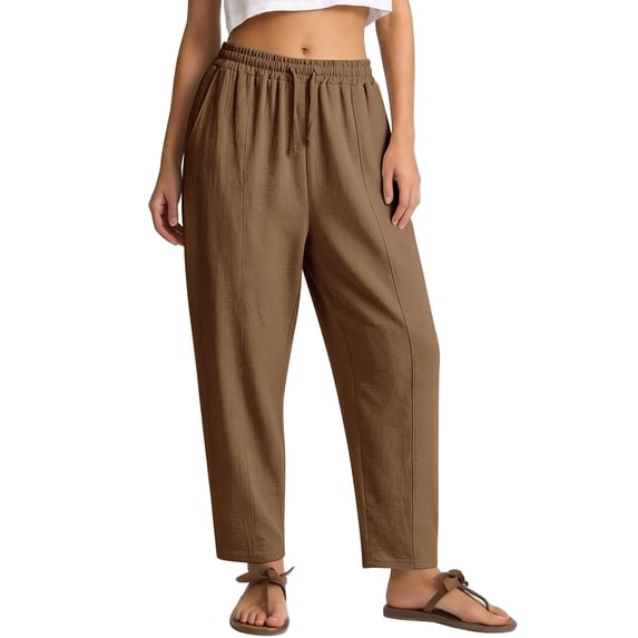 REDESS Pants for Women Wide Leg Brown Linen Pants Summer Casual Flowy Pants with Pocket,XS-XL