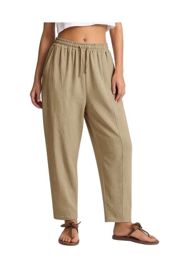 Pants for Women Wide Leg Khaki Linen Pants Summer Casual Flowy Pants with Pocket,XS-XL