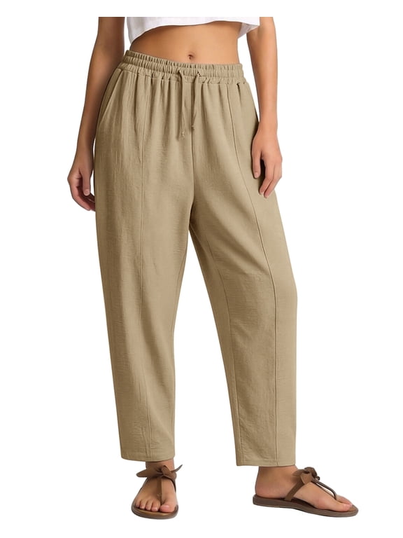 Pants for Women Wide Leg Khaki Linen Pants Summer Casual Flowy Pants with Pocket,XS-XL