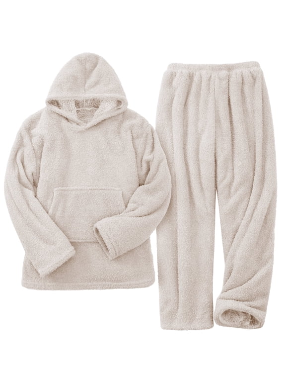 Women' s Fluffy Pajamas Set Fleece Pullover Pants Loose Plush Sleepwear 2 Piece Pjs Set Warm Loungewear Fuzzy