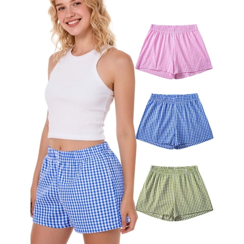 Women's Pajamas Boxer Shorts Plaid Pattern Summer Casual Lounge Sleepwear，Sizes S-2XL 3 Pack