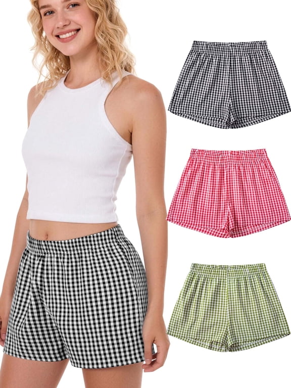 Women's Pajamas Boxer Shorts Plaid Pattern Summer Casual Lounge Sleepwear,Sizes S-2XL 3 Pack