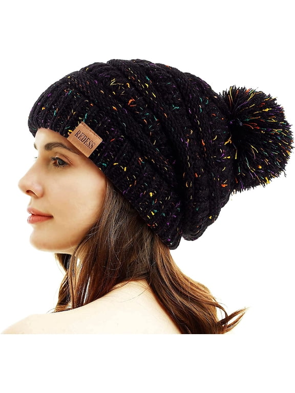 Women's Pom Pom Beanie Hat, Acrylic, Dot Black, One Size
