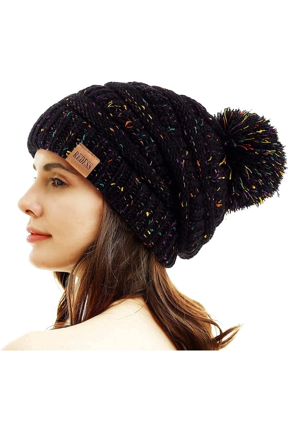 Women's Pom Pom Beanie Hat, Acrylic, Dot Black, One Size