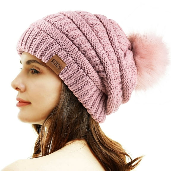 REDESS Women's Winter Acrylic Pom Pom Beanie Hat, Pink, One Size