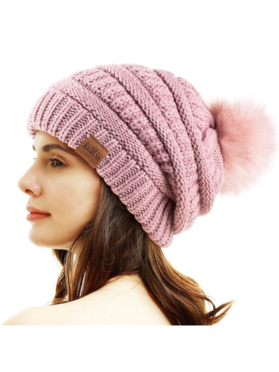 Women's Winter Acrylic Pom Pom Beanie Hat, Pink, One Size