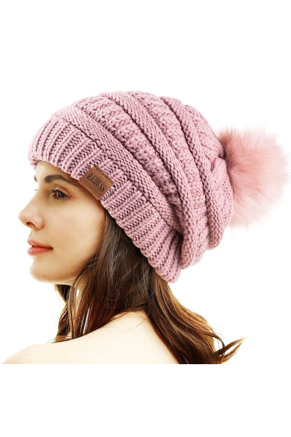 Women's Winter Acrylic Pom Pom Beanie Hat, Pink, One Size
