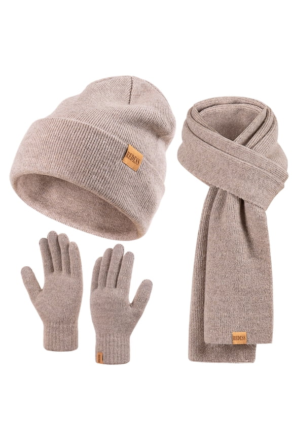 Women's Winter Beanie Hat, Scarf & Glove Sets for Women and Men-Khaki