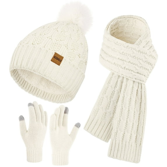 REDESS Hat,Scarf and Gloves Sets for Women's Winter Beanie Hat Touch Screen Gloves Long Scarf Set,White