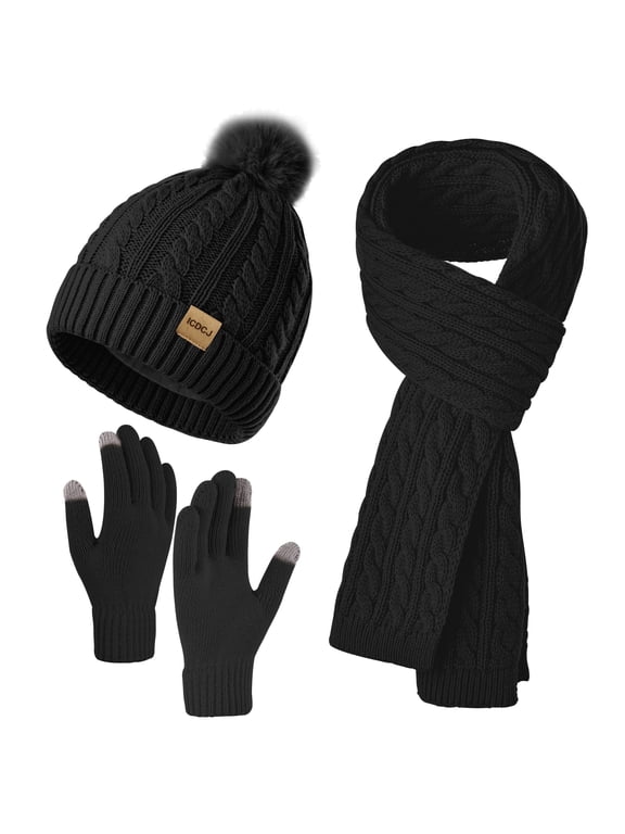 Women's Hat and gloves Scarf Winter Set,Beanie Hat Touch Screen Gloves Long Scarf Sets for Women