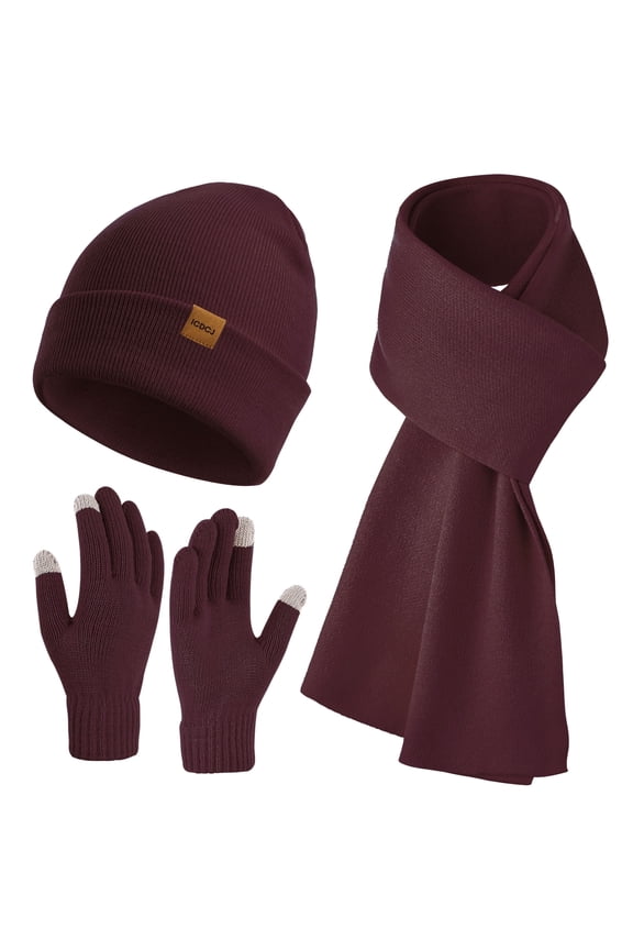 Winter Beanie Hat and Gloves Scarf Sets for Men and Women，Wine red