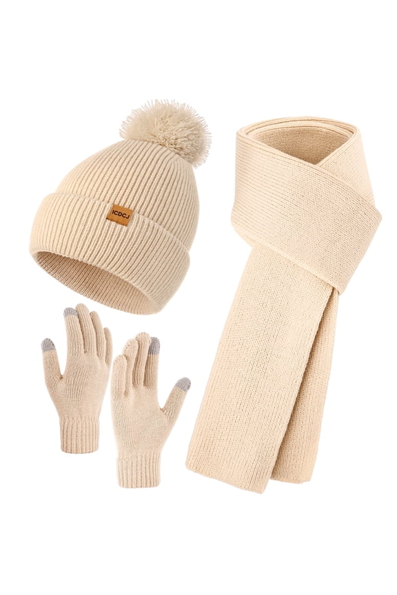 Beanie Hat and Gloves Scarf Winter Set for Women,Beanie Hat Touch Screen Gloves Long Scarf Set for Women,Beige