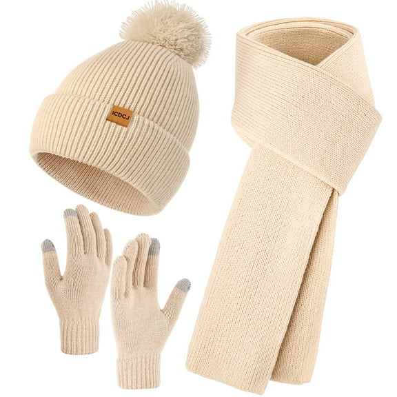 REDESS Beanie Hat and Gloves Scarf Winter Set for Women,Beanie Hat Touch Screen Gloves Long Scarf Set for Women,Beige