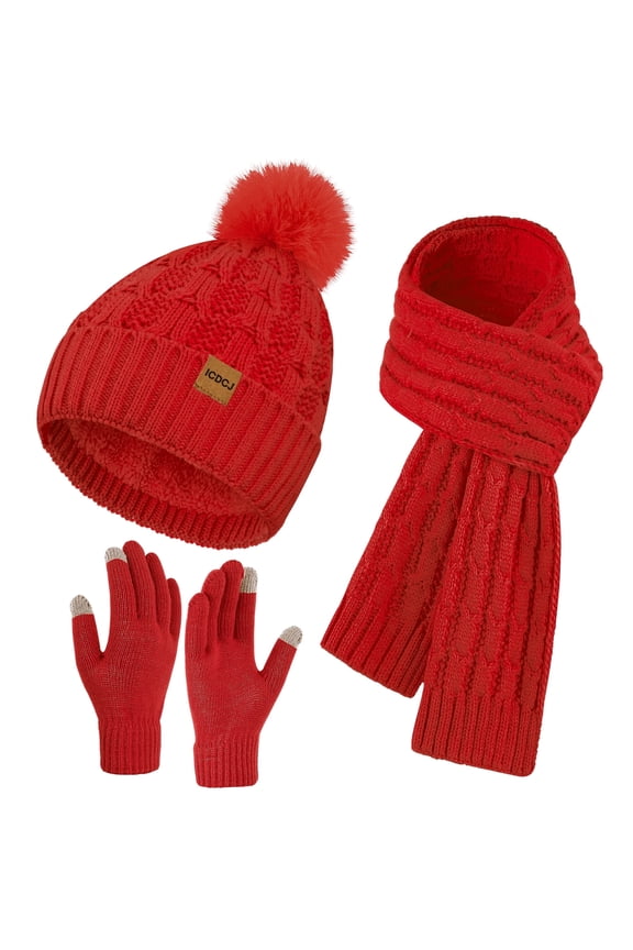 Hat,Scarf and Gloves Sets for Women's Winter Beanie Hat Touch Screen Gloves Long Scarf Set，Red