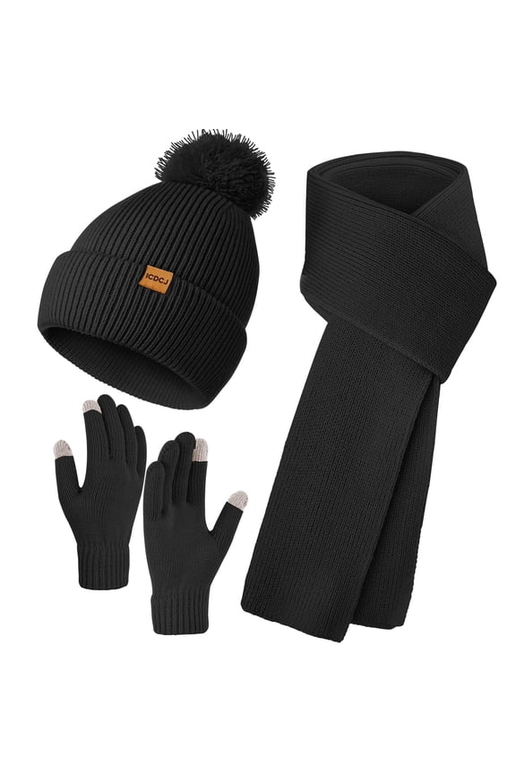 Beanie Hat and Gloves Scarf Winter Set for Women,Beanie Hat Touch Screen Gloves Long Scarf Set for Women,Black
