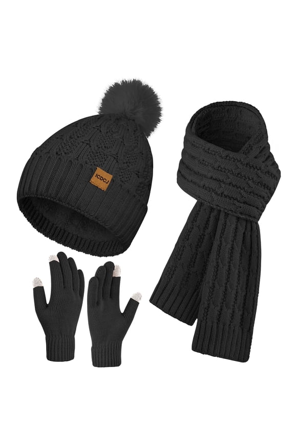 Hat,Scarf and Gloves Sets for Women's Winter Beanie Hat Touch Screen Gloves Long Scarf Set,Black