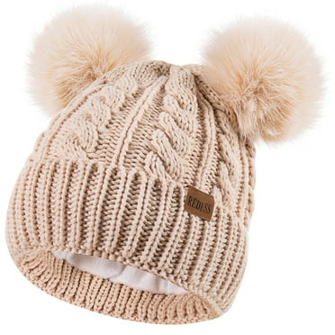 REDESS Women's Winter Beanie Hat with Two Pompoms and Warm Fleece Lining-Beige