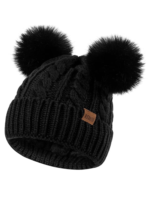 Women's Winter Beanie Hat with Two Pompoms and Warm Fleece Lining-Black