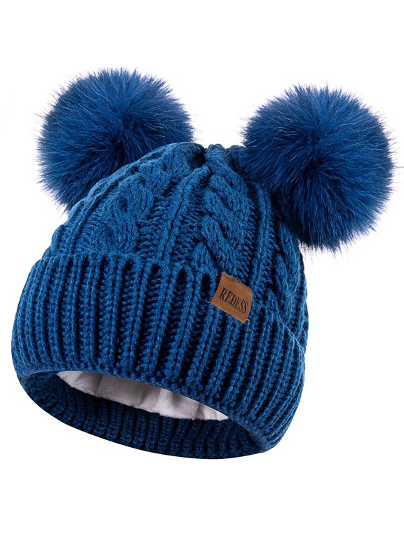 Women's Winter Beanie Hat with Two Pompoms and Warm Fleece Lining-Green