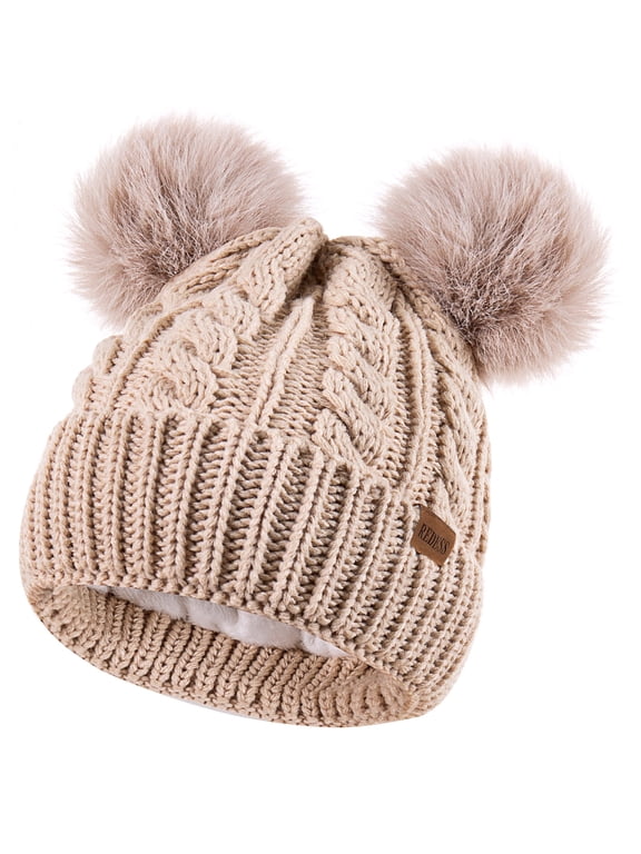 Women's Winter Beanie Hat with Two Pompoms and Warm Fleece Lining-Oat