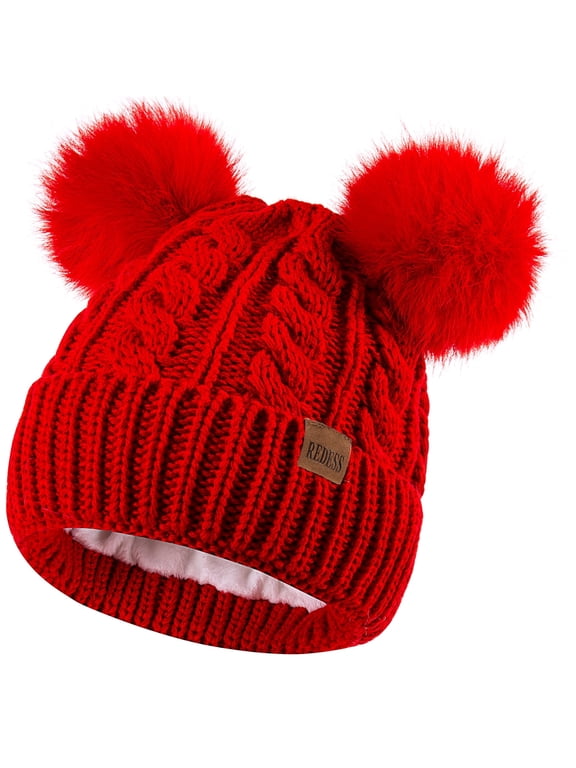 Women's Winter Beanie Hat with Two Pompoms and Warm Fleece Lining-Red