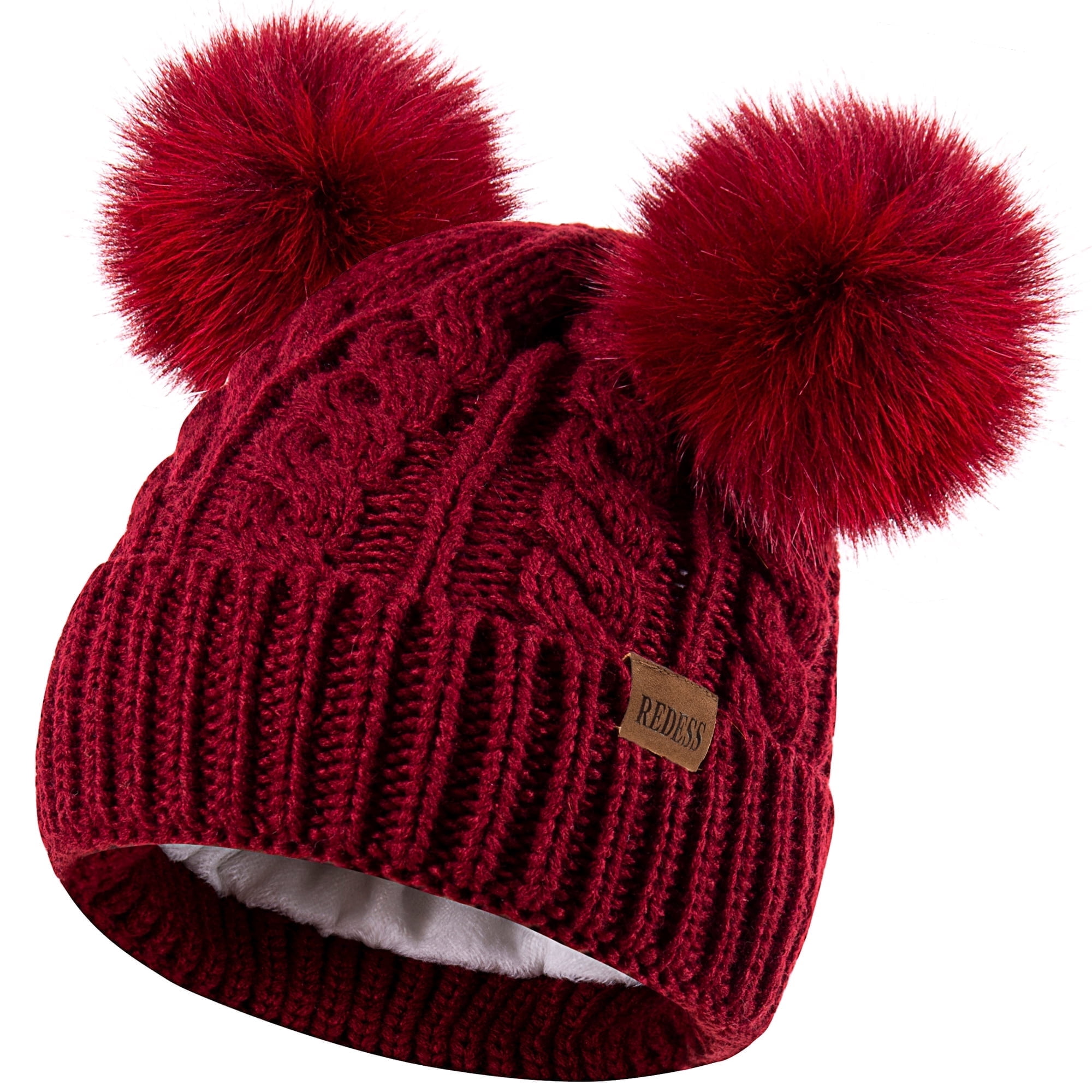 ?Women Wine Red Winter Pom Pom Beanie Hat with Warm Fleece Lined XL The Lyric Red Slouchy Beanie Hat with Finn Raccoon Pom Pom  main image 3