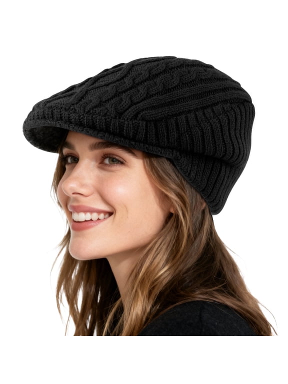 Winter Beanies Hat for Women,Knit Brimmer Hat Slouchy Beanie Cap with Visor Black