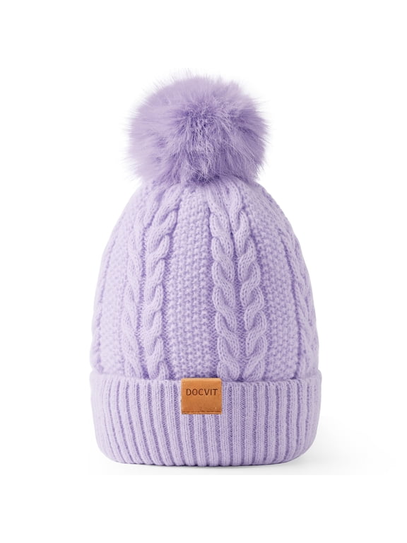 Women's Winter Beanie Hat Fleece Lined Cable Knitted Pom-Pom Hat,Black