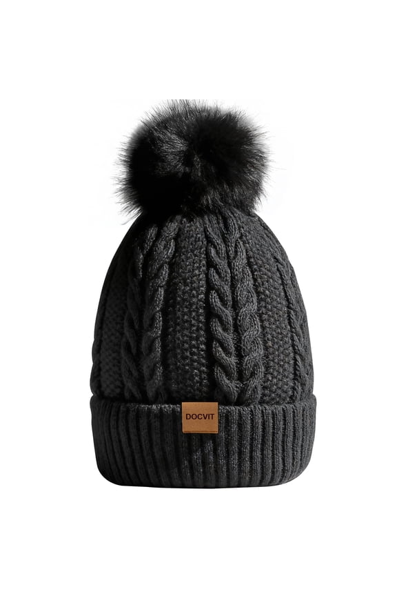 Women's Winter Beanie Hat Fleece Lined Cable Knitted Pom-Pom Hat,Black