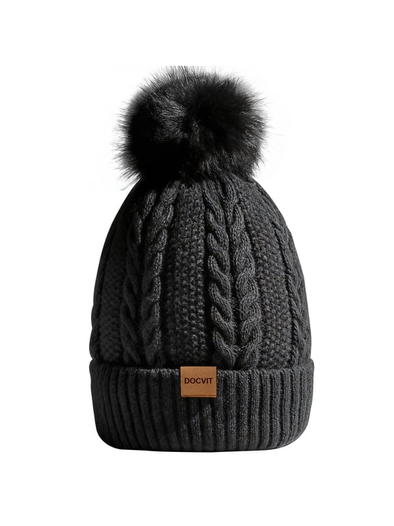 Women's Winter Beanie Hat Fleece Lined Cable Knitted Pom-Pom Hat,Black