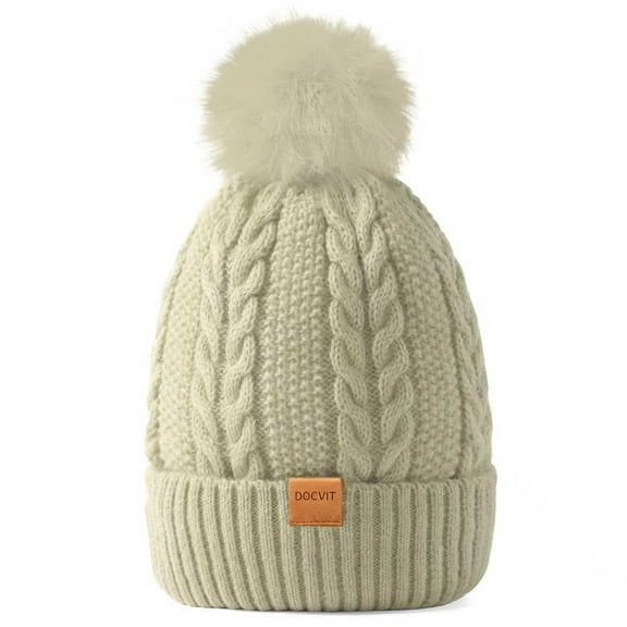 REDESS Women's Winter Beanie Hat Fleece Lined Cable Knitted Pom-Pom Hat,Black