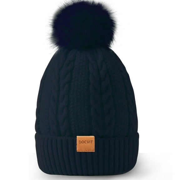REDESS Women's Winter Beanie Hat Fleece Lined Cable Knitted Pom-Pom Hat,Black