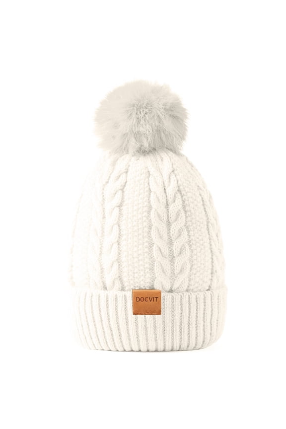 Women's Winter Beanie Hat Fleece Lined Cable Knitted Pom-Pom Hat,Black