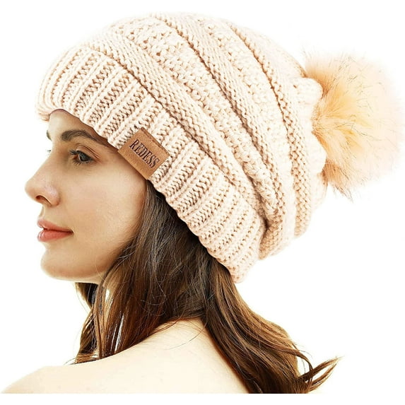 REDESS Women's Winter Pom Pom Beanie Hat, Beige, One Size