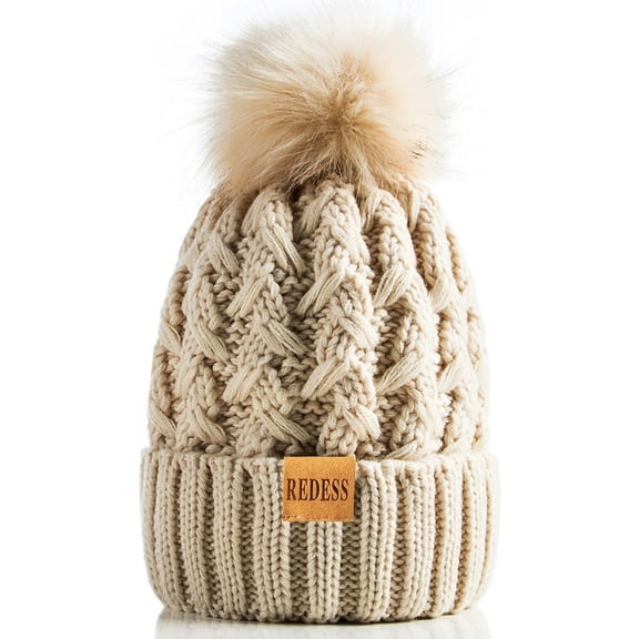 REDESS Women's Winter Pompom Beanie Hat for Women-White