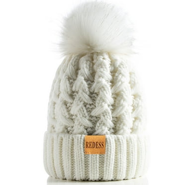REDESS Women's Winter Pompom Beanie Hat for Women and Girl-White
