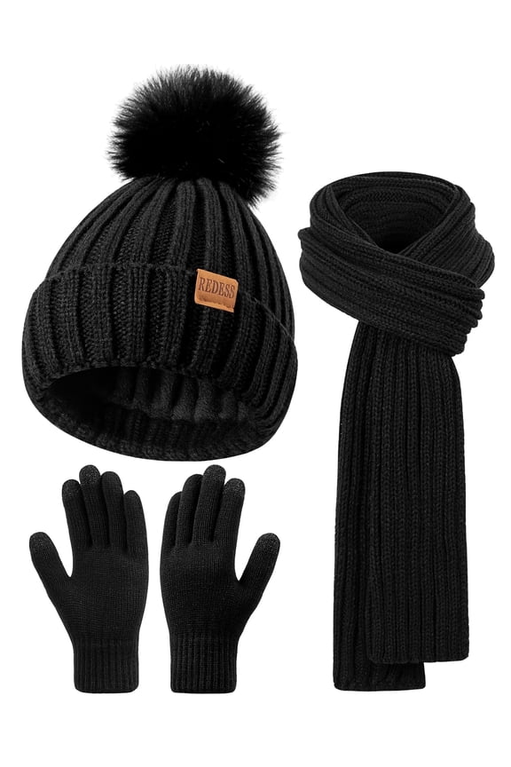 Womens Beanie Hat Scarf Gloves Set, Fleece Lined Winter Hat Long Knit Scarf Touchscreen Gloves for Cold Weather