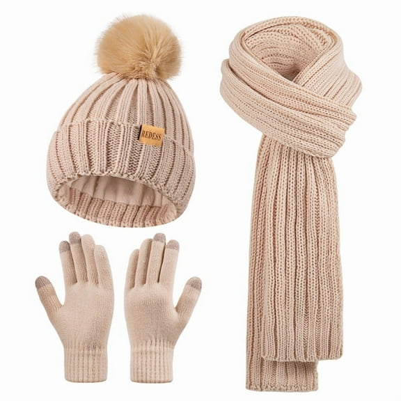 REDESS Womens Beanie Hat Scarf Gloves Set, Fleece Lined Winter Hat with Pom Pom, Long Knit Scarf Touchscreen Gloves for Cold Weather