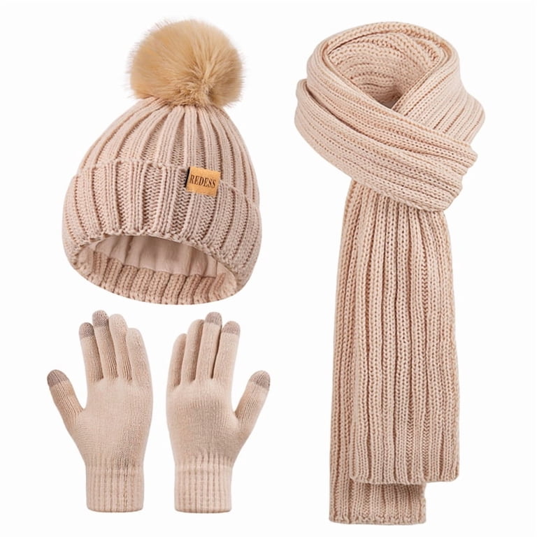 3-Piece Winter Hat Scarf Gloves Set with Pompom and Touchscreen Fingertips Winter Beanie Hat Scarf Gloves Set for Women, Womens Beanie  main image 3