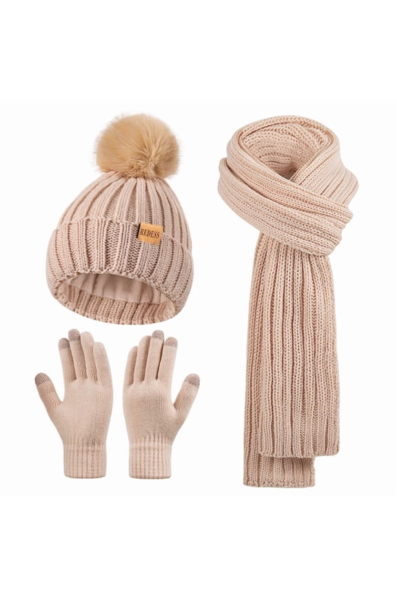 Womens Beanie Hat Scarf Gloves Set, Fleece Lined Winter Hat with Pom Pom, Long Knit Scarf Touchscreen Gloves for Cold Weather