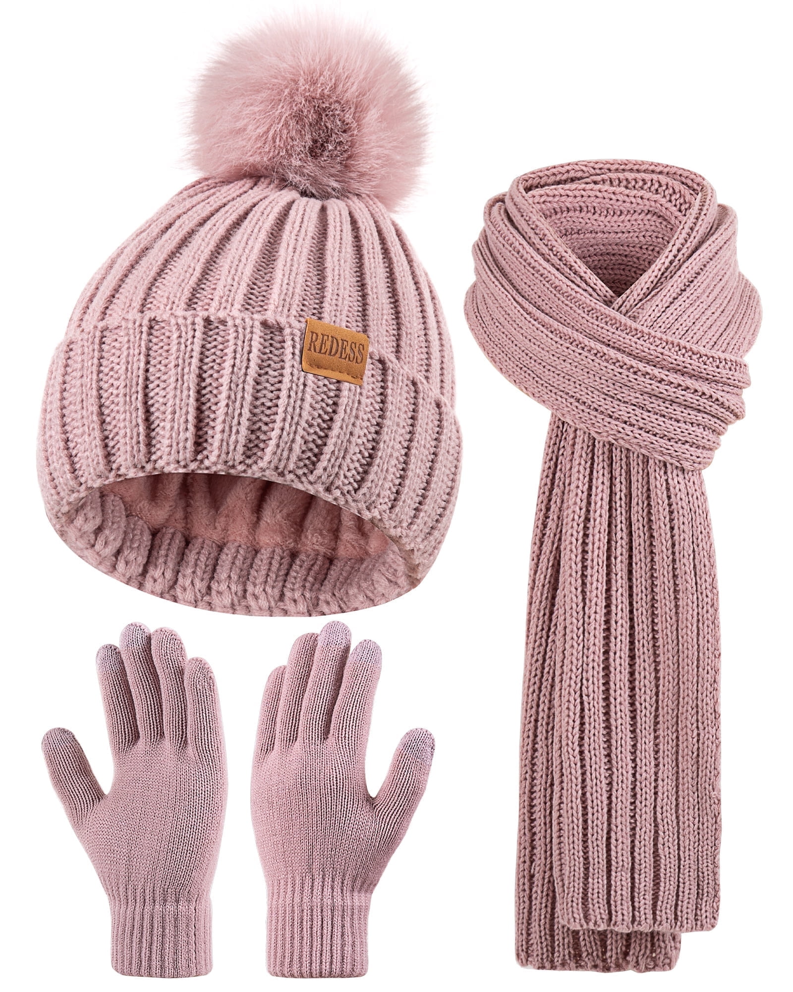 REDESS Womens Beanie Hat Scarf Gloves Set, Fleece Lined Winter Hat Long ...