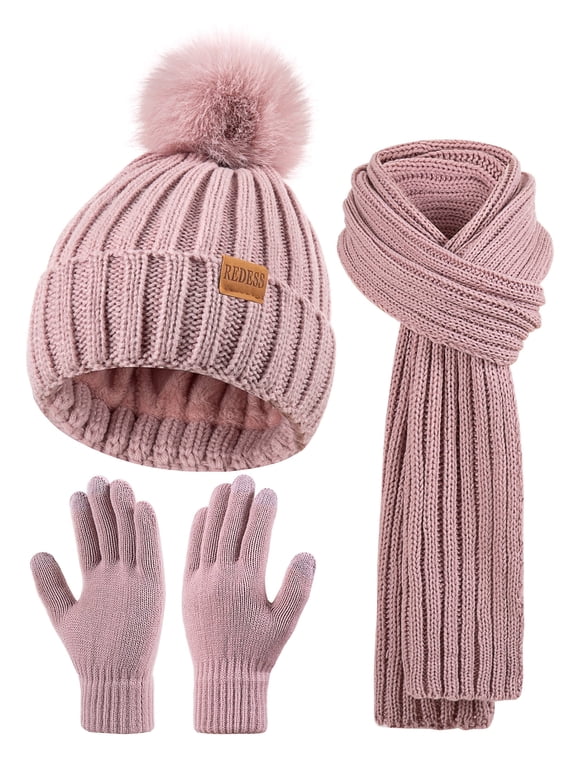 Womens Beanie Hat Scarf Gloves Set, Fleece Lined Winter Hat Long Knit Scarf Touchscreen Gloves for Cold Weather