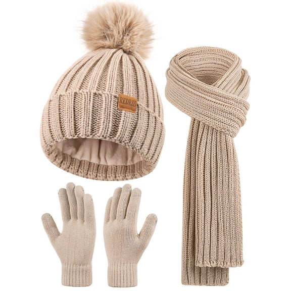 REDESS Womens Beanie Hat Scarf Gloves Set, Fleece Lined Winter Hat Long Knit Scarf Touchscreen Gloves for Cold Weather