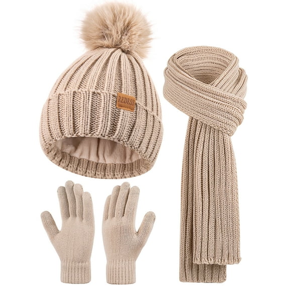 REDESS Womens Beanie Hat Scarf Gloves Set, Fleece Lined Winter Hat Long Knit Scarf Touchscreen Gloves for Cold Weather