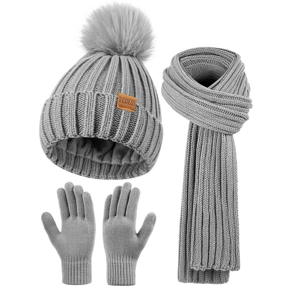REDESS Womens Beanie Hat Scarf Gloves Set, Fleece Lined Winter Hat Long Knit Scarf Touchscreen Gloves for Cold Weather