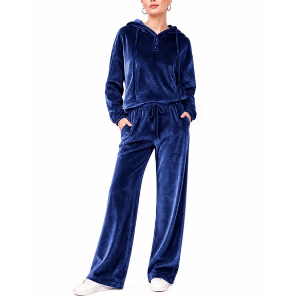 REDESS Womens Outfit Sets,Velour 2 Piece Hoodie Top and Wide Leg Pants,Casual Loungewear Set